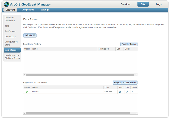 Use GeoEvent Manager to view and manage data stores. Use GeoEvent Manager to view and manage data stores.