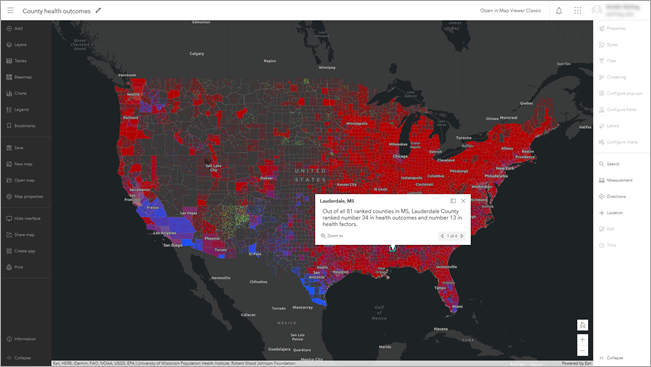 County health outcomes map in the new Map Viewer with the Contents and Settings toolbars displayed County health outcomes map in the new Map Viewer with the Contents and Settings toolbars displayed